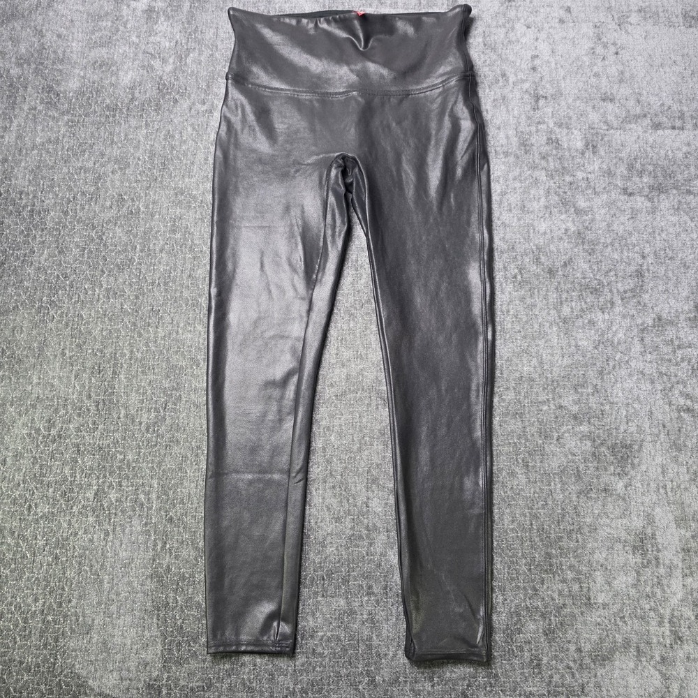 Spanx Faux Leather Leggings Womens Large Black 28x25 Shiny Nylon Stretch Fitness
